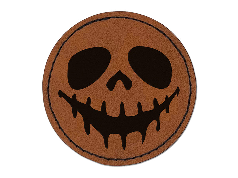 Spooky Skeleton Smile Face Halloween Round Iron-On Engraved Faux Leather Patch Applique - 2.5"