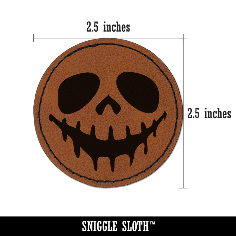 Spooky Skeleton Smile Face Halloween Round Iron-On Engraved Faux Leather Patch Applique - 2.5"