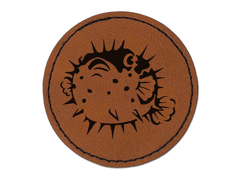 Startled Spiny Puffed Pufferfish Funny Fugu Round Iron-On Engraved Faux Leather Patch Applique - 2.5"