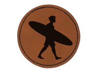 Surfer Man with Surfboard Walking Round Iron-On Engraved Faux Leather Patch Applique - 2.5"