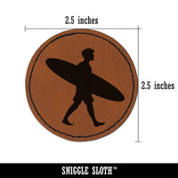 Surfer Man with Surfboard Walking Round Iron-On Engraved Faux Leather Patch Applique - 2.5"