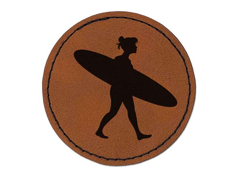 Surfer Woman with Surfboard Walking Round Iron-On Engraved Faux Leather Patch Applique - 2.5"