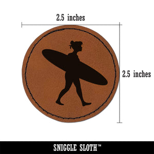 Surfer Woman with Surfboard Walking Round Iron-On Engraved Faux Leather Patch Applique - 2.5"