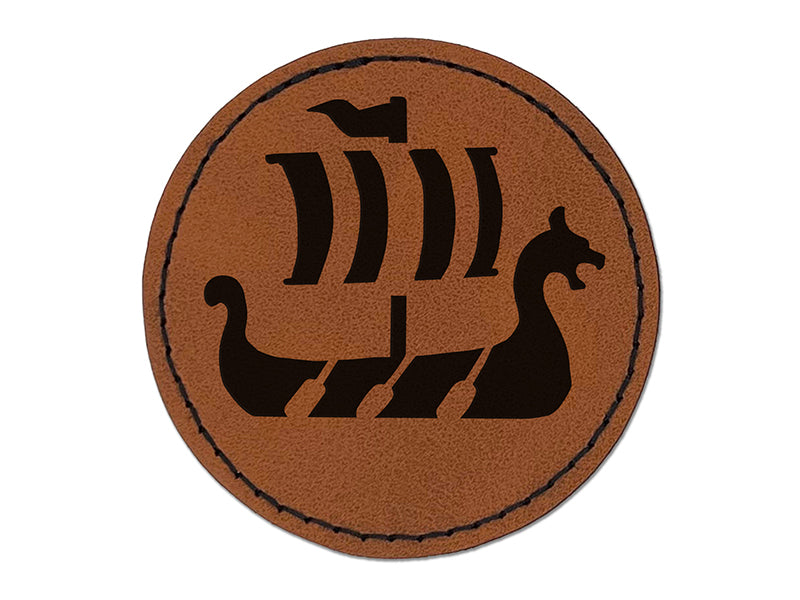 Viking Dragon Headed Longboat Ship with Sails Round Iron-On Engraved Faux Leather Patch Applique - 2.5"