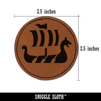 Viking Dragon Headed Longboat Ship with Sails Round Iron-On Engraved Faux Leather Patch Applique - 2.5"