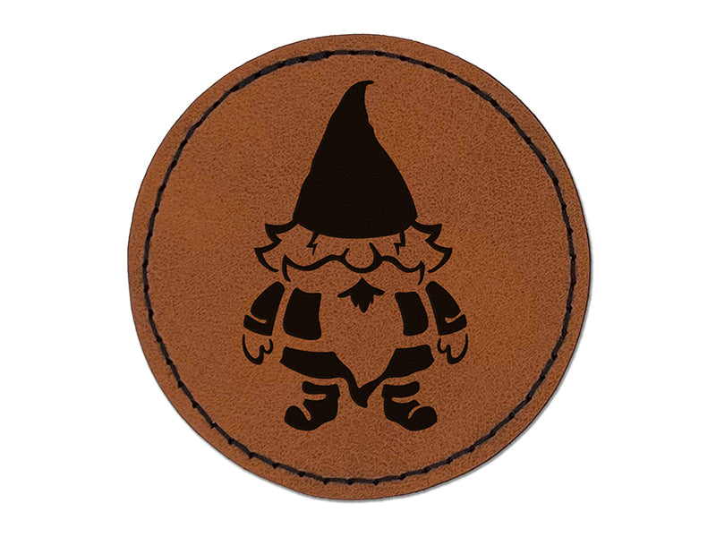Whimsical Little Garden Gnome Round Iron-On Engraved Faux Leather Patch Applique - 2.5"