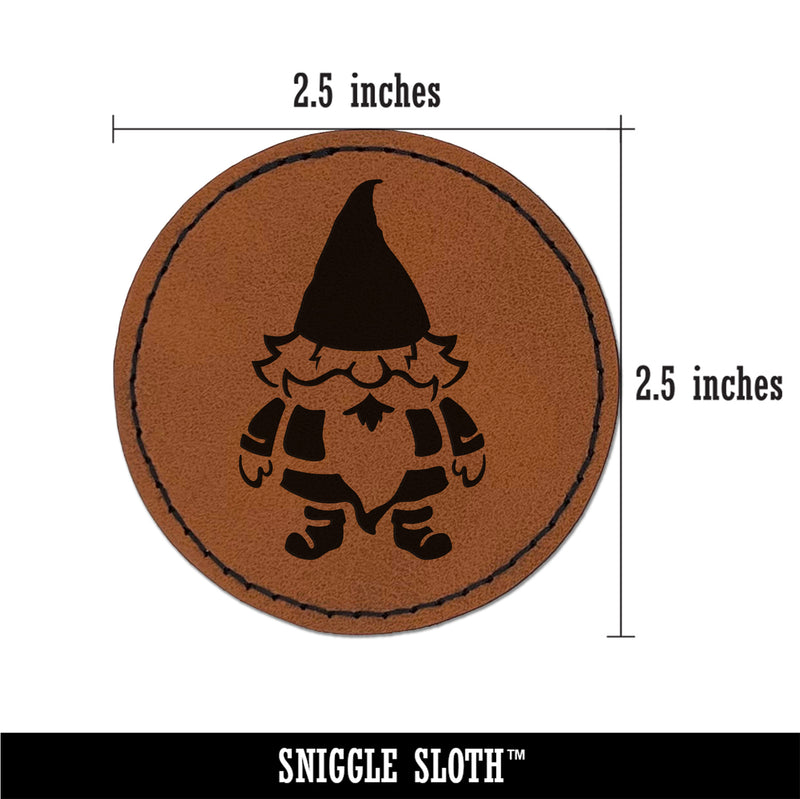 Whimsical Little Garden Gnome Round Iron-On Engraved Faux Leather Patch Applique - 2.5"