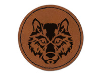 Wild Tribal Wolf Head Round Iron-On Engraved Faux Leather Patch Applique - 2.5"