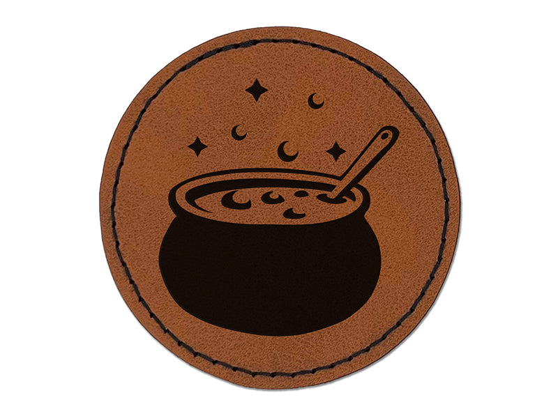 Witch's Bubbling Cauldron Magic Halloween Round Iron-On Engraved Faux Leather Patch Applique - 2.5"