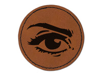 Woman's Left Eye with Eyebrow Mascara and Eye Shadow Round Iron-On Engraved Faux Leather Patch Applique - 2.5"
