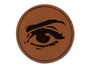 Woman's Right Eye with Eyebrow Mascara and Eye Shadow Round Iron-On Engraved Faux Leather Patch Applique - 2.5"