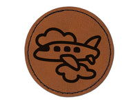 Airplane Flying Through Clouds Travel Trip Round Iron-On Engraved Faux Leather Patch Applique - 2.5"