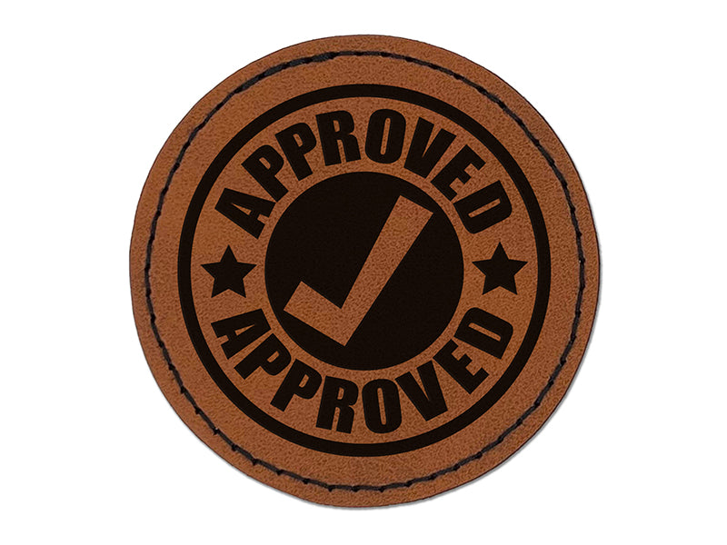 Approved Check Mark Round Iron-On Engraved Faux Leather Patch Applique - 2.5"