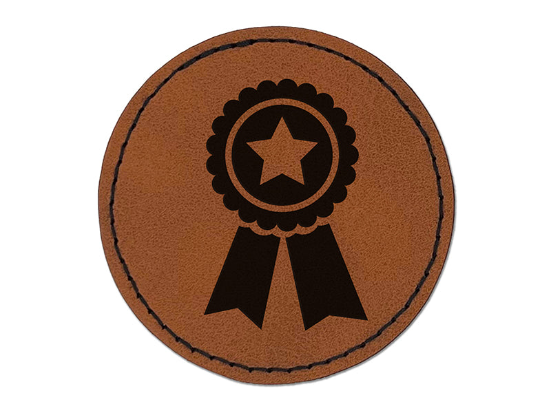 Award Prize Ribbon Round Iron-On Engraved Faux Leather Patch Applique - 2.5"