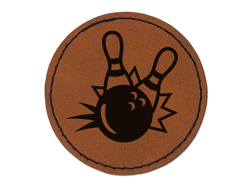 Bowling Ball Knocking Down Pins Round Iron-On Engraved Faux Leather Patch Applique - 2.5"