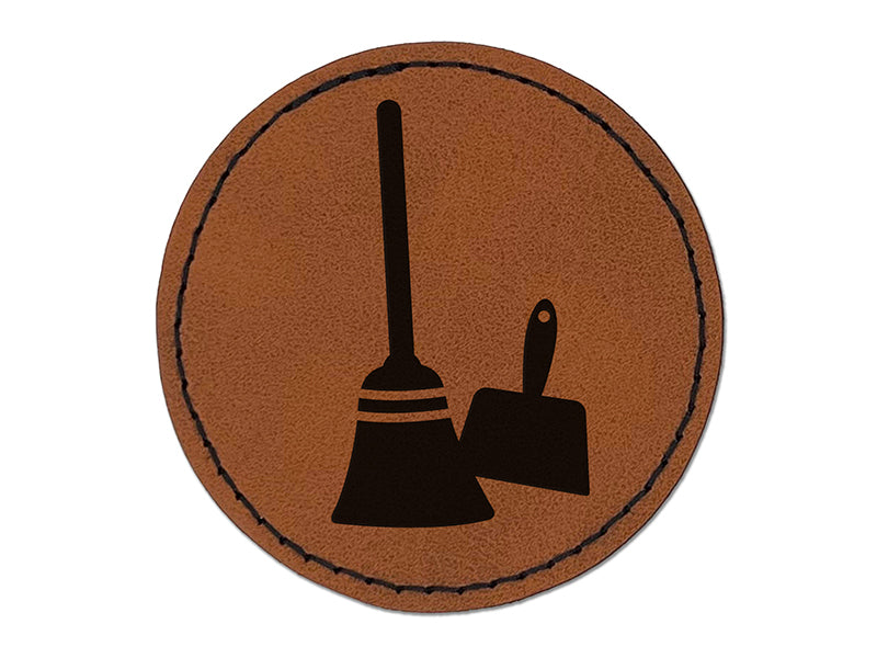 Broom and Dustpan Cleaning Round Iron-On Engraved Faux Leather Patch Applique - 2.5"