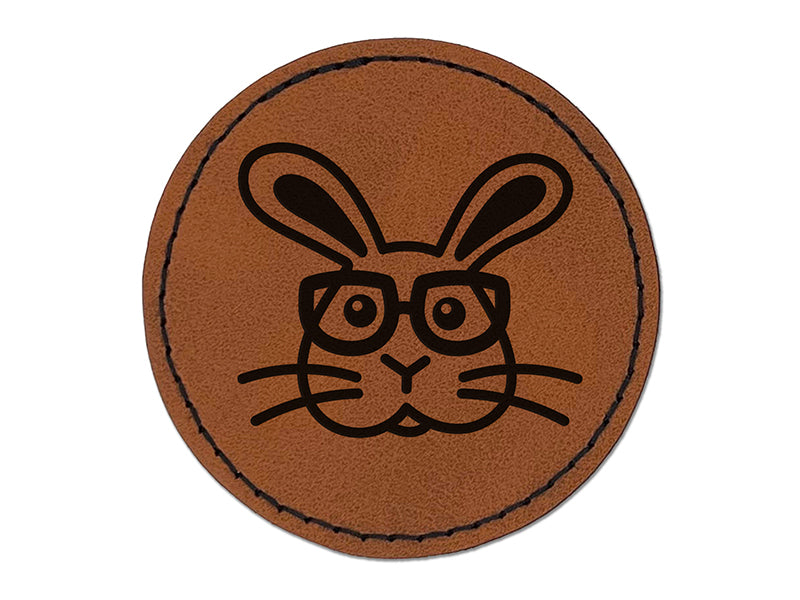 Bunny Rabbit Wearing Glasses Easter Round Iron-On Engraved Faux Leather Patch Applique - 2.5"