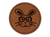 Bunny Rabbit Wearing Glasses Easter Round Iron-On Engraved Faux Leather Patch Applique - 2.5"