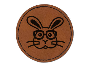 Bunny Rabbit Wearing Glasses Easter Round Iron-On Engraved Faux Leather Patch Applique - 2.5"