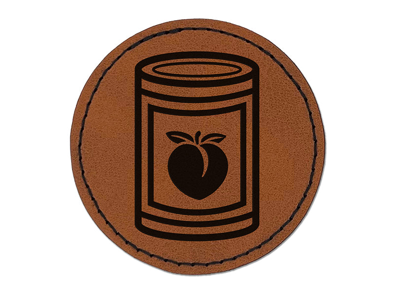 Can of Peaches Fruit Round Iron-On Engraved Faux Leather Patch Applique - 2.5"