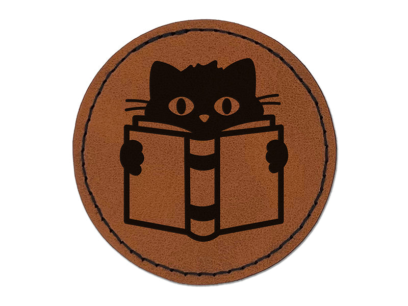 Cat Reading Book Round Iron-On Engraved Faux Leather Patch Applique - 2.5"