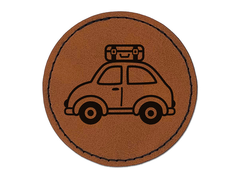 Cute Car with Suitcase Road Trip Travel Round Iron-On Engraved Faux Leather Patch Applique - 2.5"