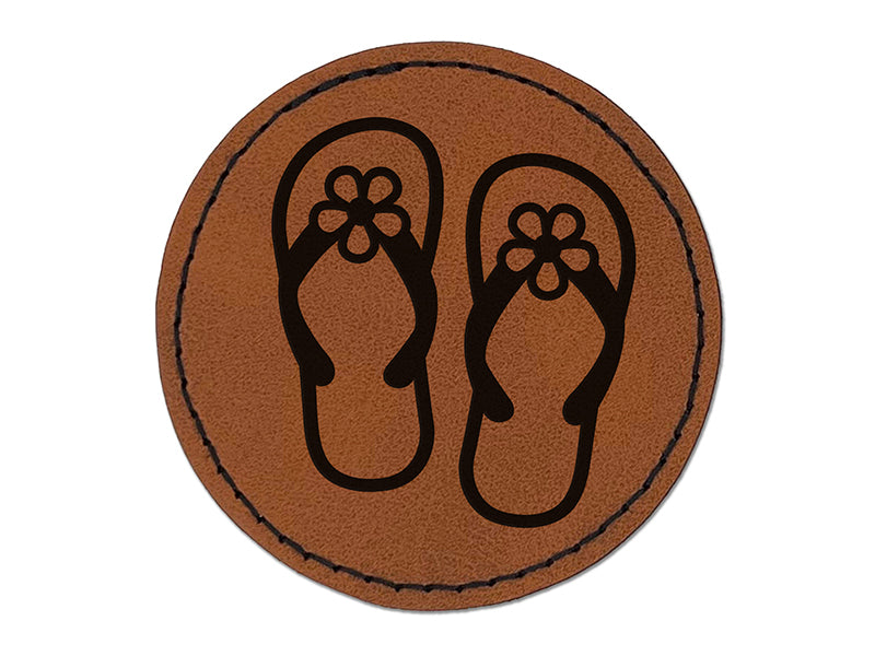 Cute Floral Flip Flop Sandals Round Iron-On Engraved Faux Leather Patch Applique - 2.5"