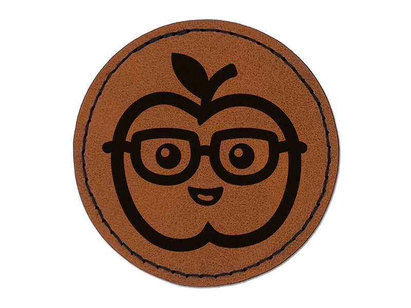 Cute Kawaii Apple Smart with Glasses Round Iron-On Engraved Faux Leather Patch Applique - 2.5"