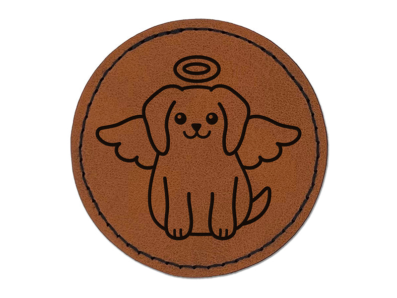 Dog Angel Round Iron-On Engraved Faux Leather Patch Applique - 2.5"