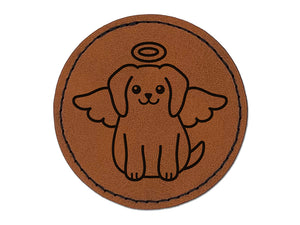 Dog Angel Round Iron-On Engraved Faux Leather Patch Applique - 2.5"