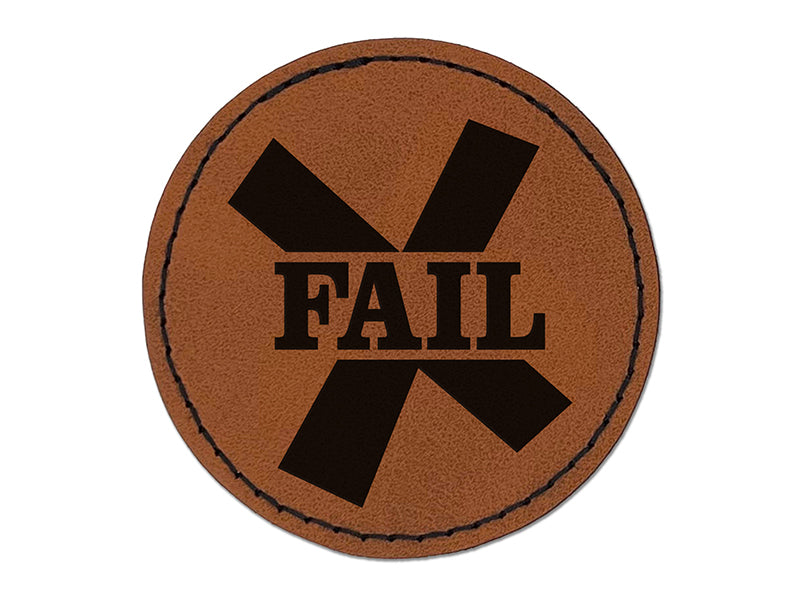 Fail X Mark Round Iron-On Engraved Faux Leather Patch Applique - 2.5"