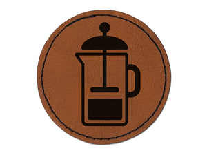 French Press Coffee Round Iron-On Engraved Faux Leather Patch Applique - 2.5"