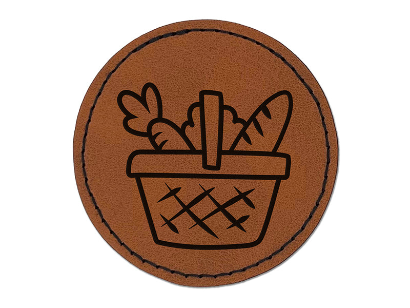 Grocery Basket Bread Carrot Round Iron-On Engraved Faux Leather Patch Applique - 2.5"