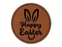 Happy Easter Bunny Rabbit Ears & Tail Round Iron-On Engraved Faux Leather Patch Applique - 2.5"