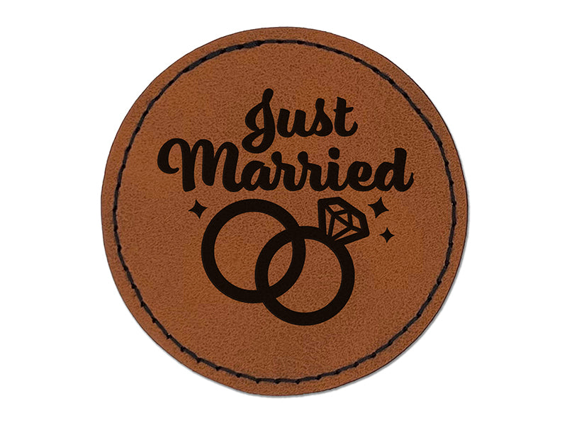 Just Married Wedding Rings Round Iron-On Engraved Faux Leather Patch Applique - 2.5"