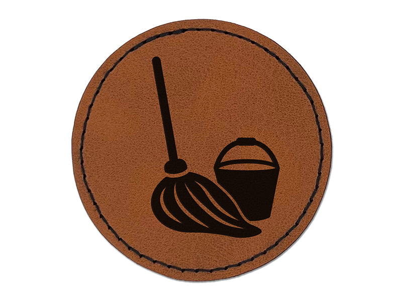 Mop and Bucket Cleaning Round Iron-On Engraved Faux Leather Patch Applique - 2.5"