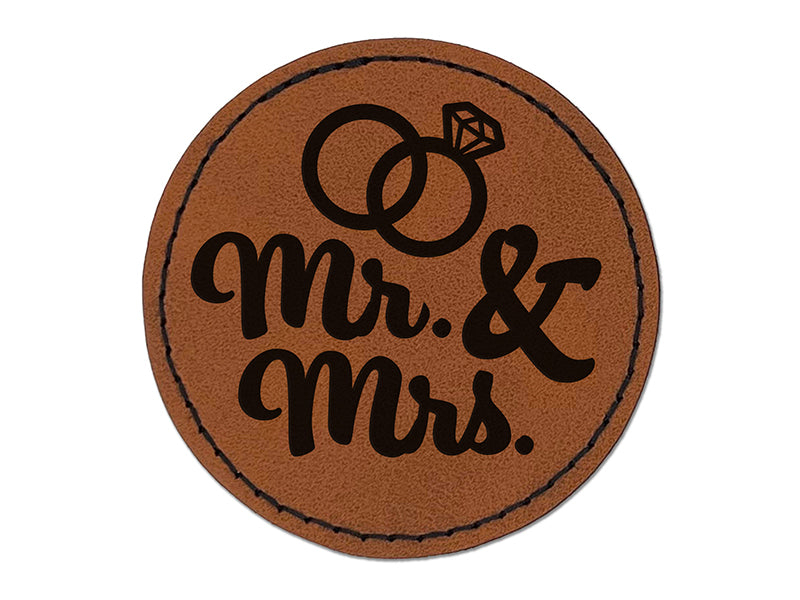 Mr. and Mrs. Wedding Rings Round Iron-On Engraved Faux Leather Patch Applique - 2.5"