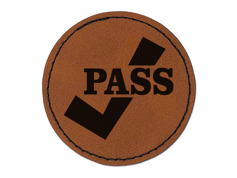 Pass Checkmark Teacher Round Iron-On Engraved Faux Leather Patch Applique - 2.5"