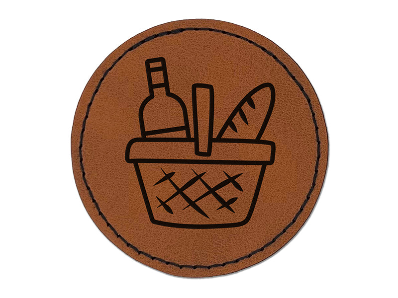 Picnic Basket Wine and Bread Round Iron-On Engraved Faux Leather Patch Applique - 2.5"