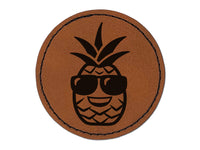 Pineapple with Sunglasses Round Iron-On Engraved Faux Leather Patch Applique - 2.5"