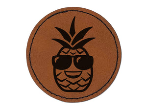 Pineapple with Sunglasses Round Iron-On Engraved Faux Leather Patch Applique - 2.5"