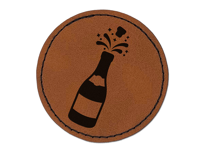 Popping Champagne Bottle Celebrate Celebration Round Iron-On Engraved Faux Leather Patch Applique - 2.5"