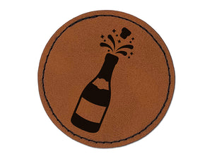 Popping Champagne Bottle Celebrate Celebration Round Iron-On Engraved Faux Leather Patch Applique - 2.5"