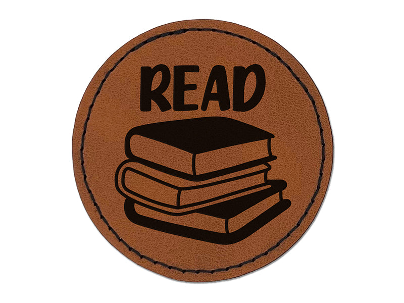 Read Stack of Books Round Iron-On Engraved Faux Leather Patch Applique - 2.5"