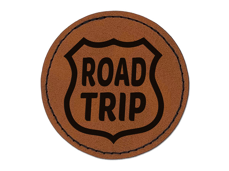 Road Trip Route Sign Travel Round Iron-On Engraved Faux Leather Patch Applique - 2.5"