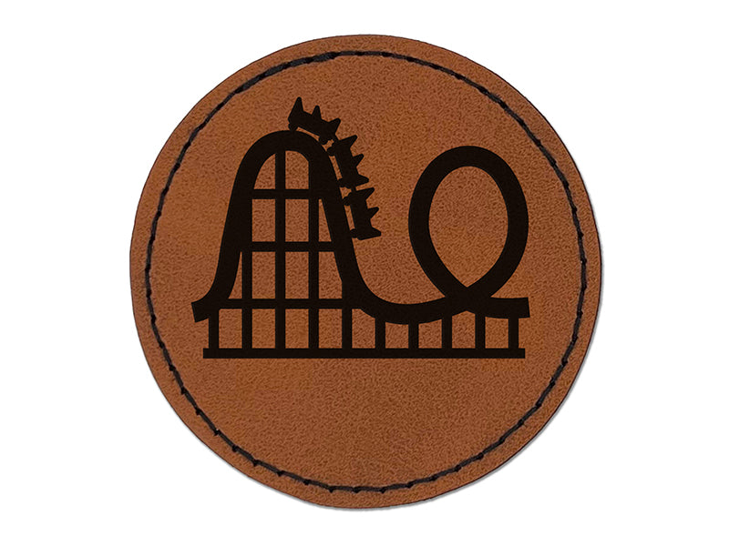 Roller Coaster Amusement Park Round Iron-On Engraved Faux Leather Patch Applique - 2.5"