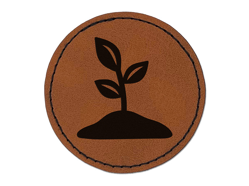 Seedling Growing Plant Round Iron-On Engraved Faux Leather Patch Applique - 2.5"