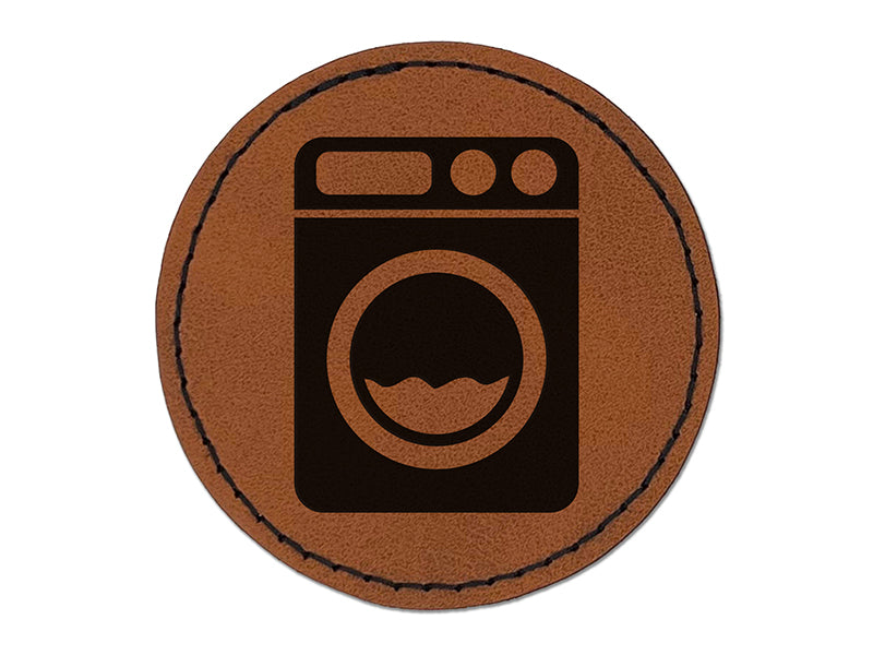 Washing Machine Laundry Round Iron-On Engraved Faux Leather Patch Applique - 2.5"