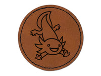 Adventurous Axolotl Salamander Round Iron-On Engraved Faux Leather Patch Applique - 2.5"