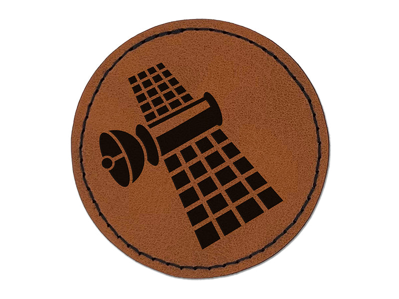 Artificial Satellite Orbiting Space Round Iron-On Engraved Faux Leather Patch Applique - 2.5"